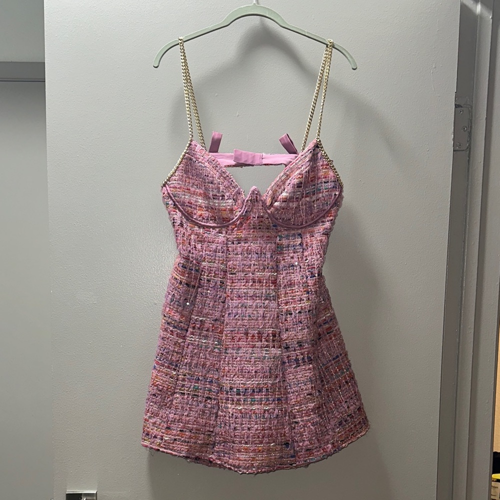 For Love & Lemons Pink Tweed Chain-Strap Mini Dress